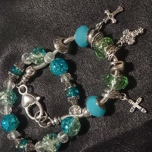 Glass beaded bracelets blues and greens 2 expandable & 7.5 inches long
